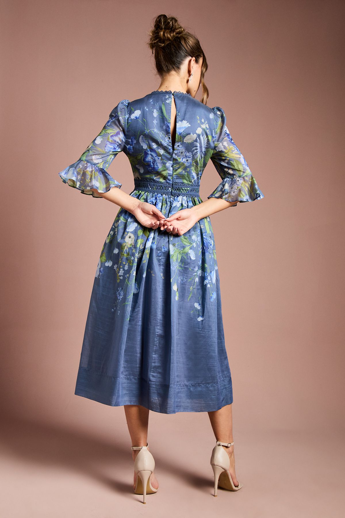 Coast Placement Print 3/4 Sleeve Organza Midi Dress Blue image 3