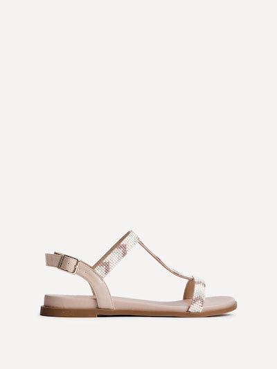 Linzi Sandie Taupe Faux Leather T-Bar Embellished Flat Sandals