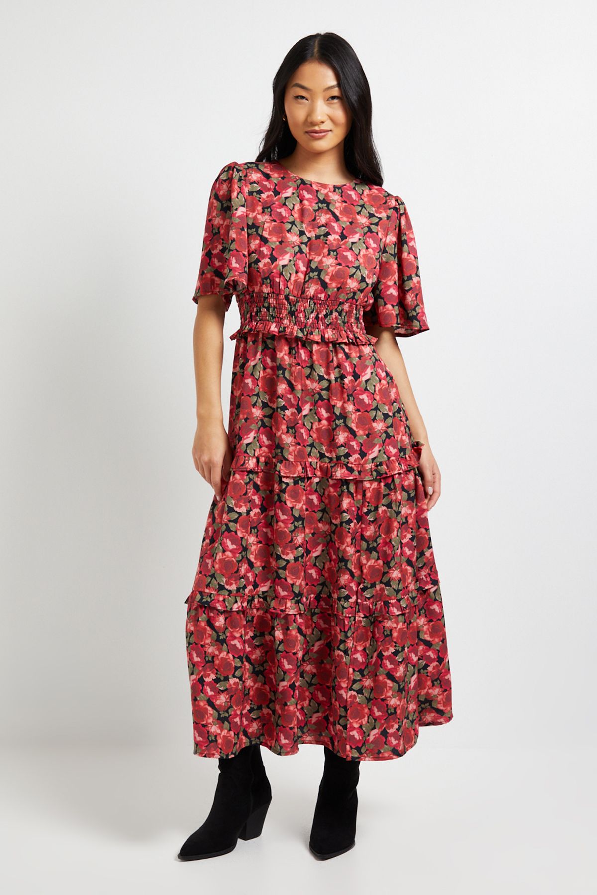 Dorothy Perkins Petite Red Floral Shirred Waist Angel Sleeve Tiered Maxi Dress Red image 2