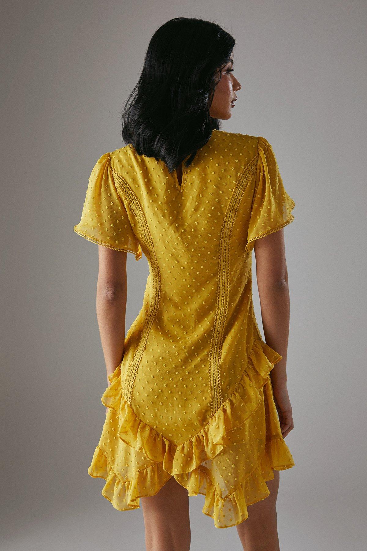 Warehouse HCD Dobby Chiffon Lace Trim Ruffle Mini Dress Mustard image 4