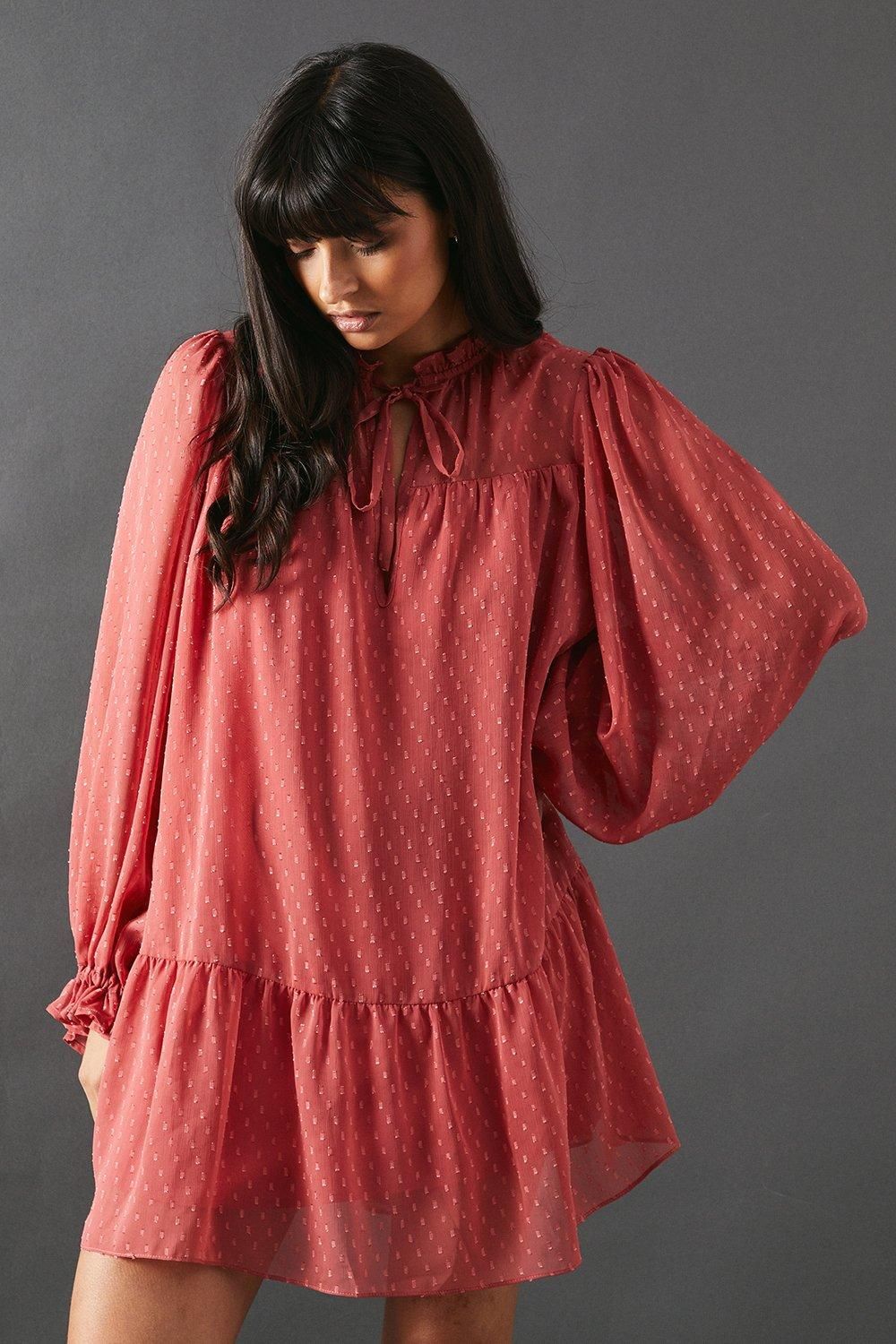 Warehouse Dobby Chiffon Tie Neck Drop Hem Mini Smock Dress Rose image 2