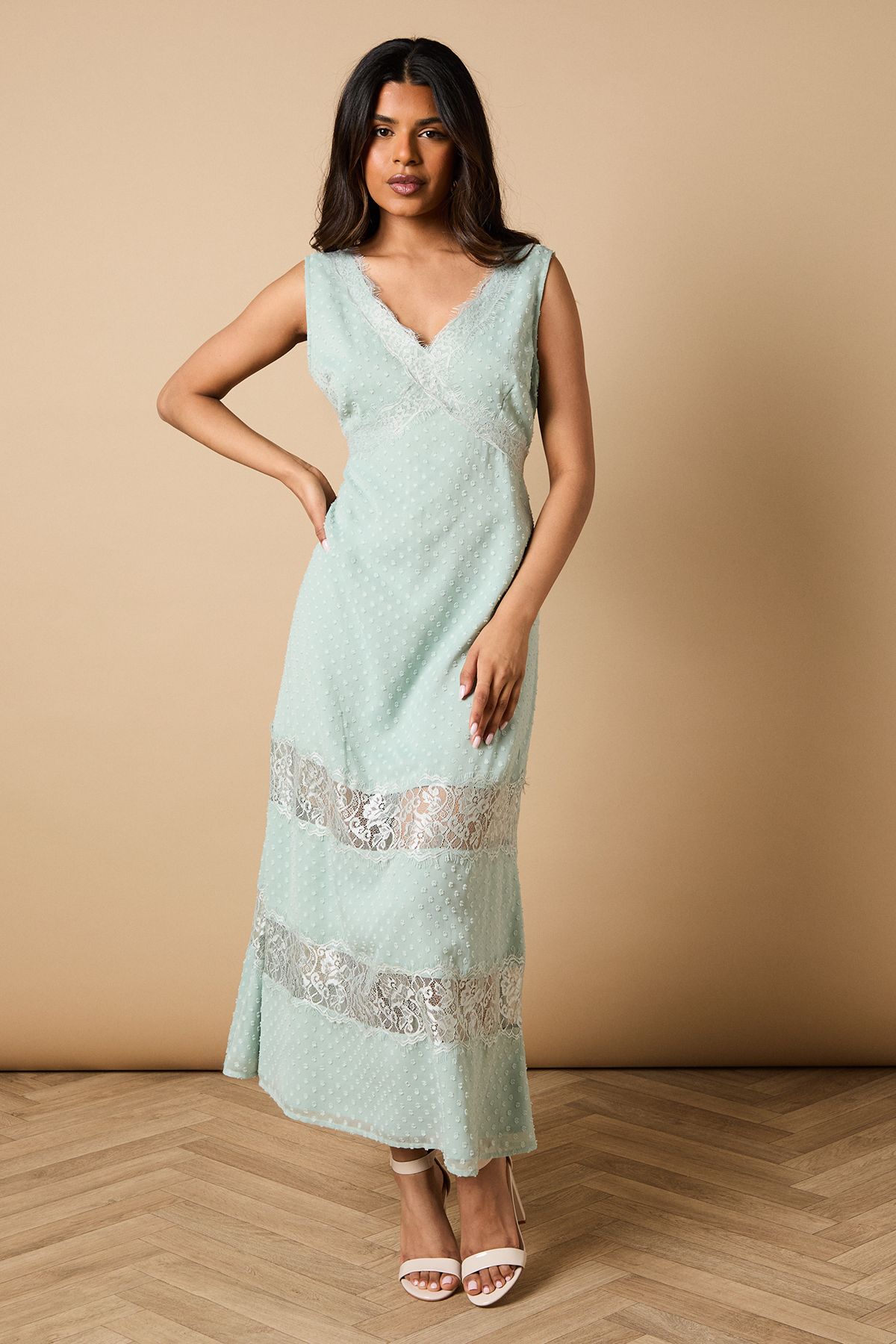 Oasis Petite Dobby Chiffon Lace Insert Midi Dress Sage image 1
