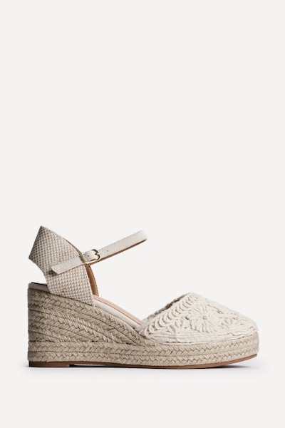 Linzi Mystic Beige Embroidered Closed-Toe Espadrille Wedge