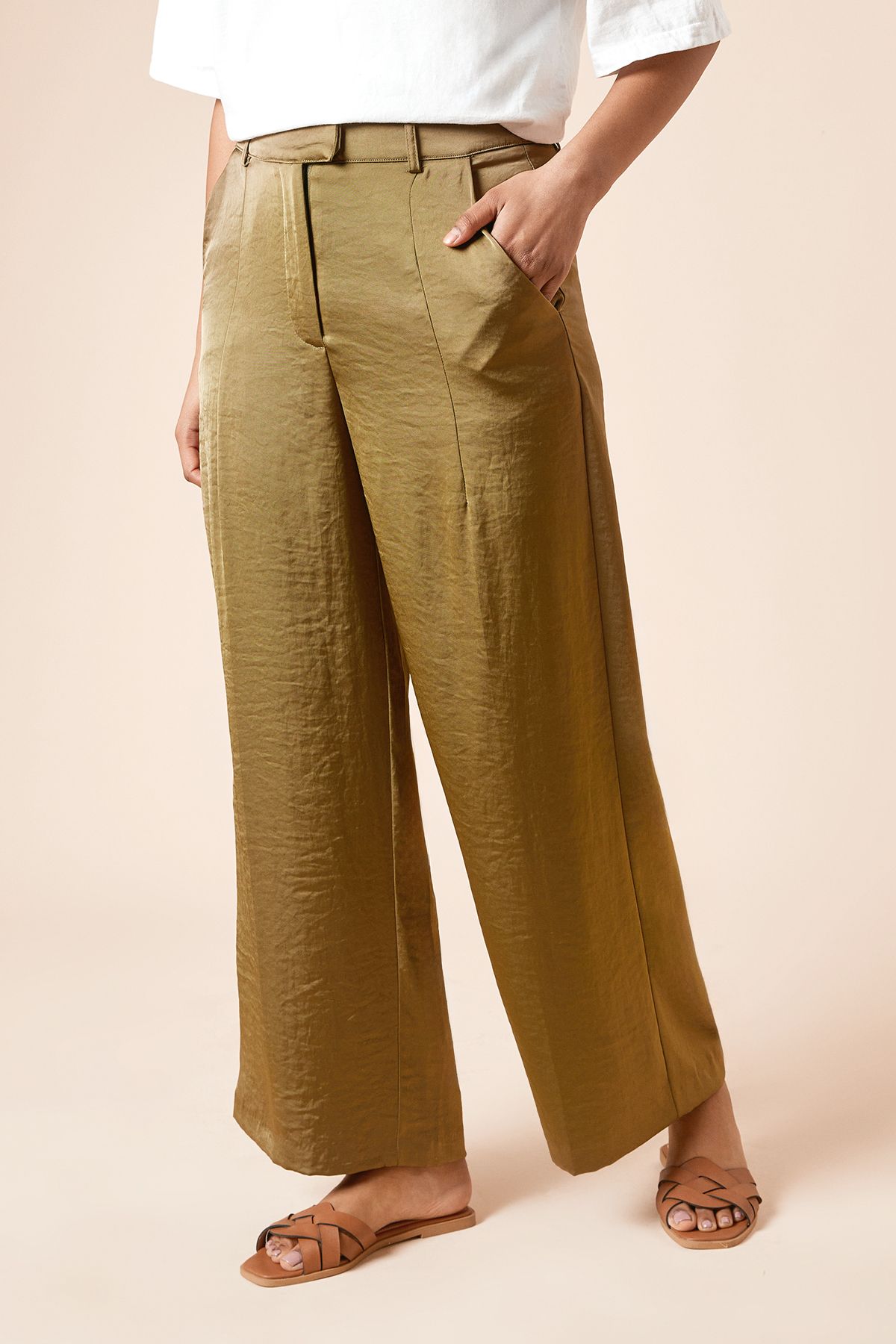 Dorothy Perkins Petite Tailored Satin Straight Leg Trouser Khaki image 2