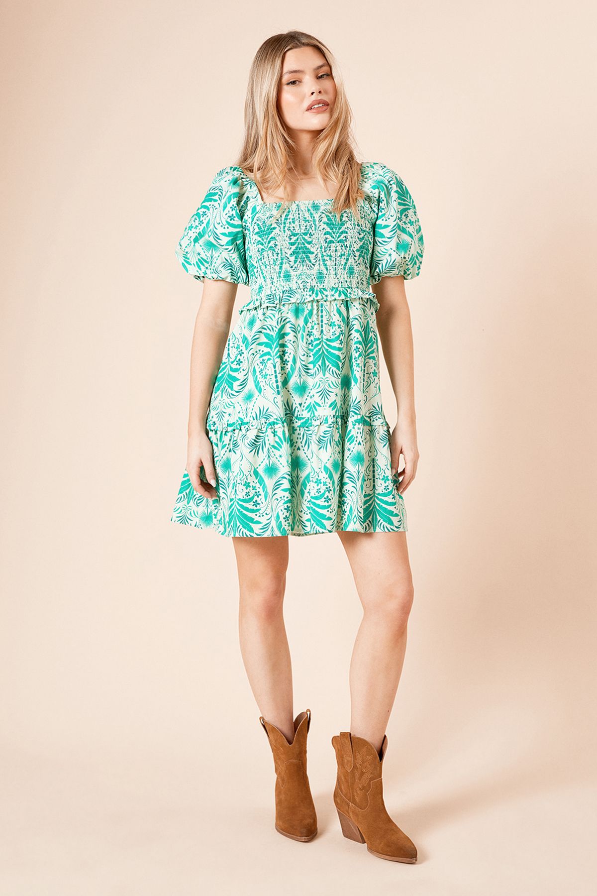Dorothy Perkins Green Palm Shirred Bodice Mini Dress Green