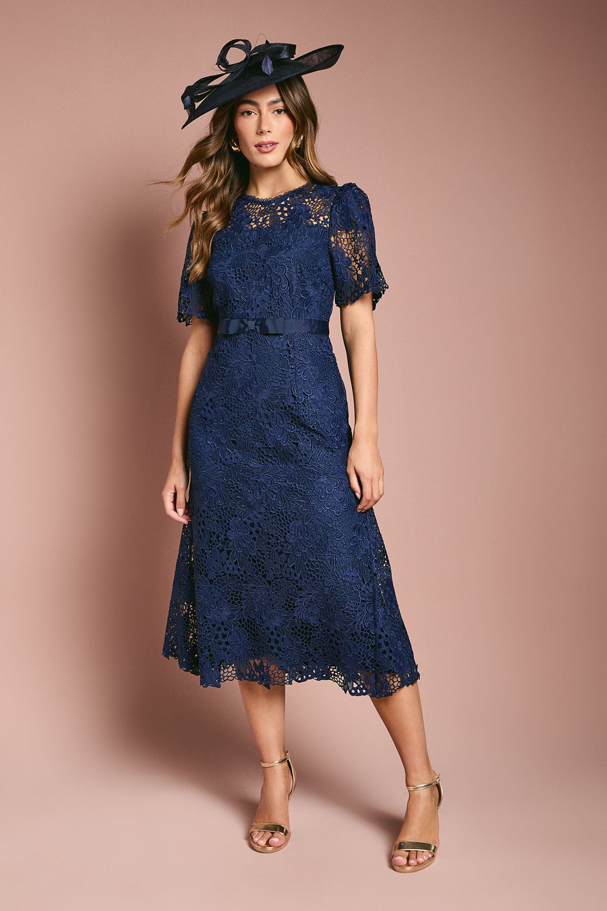 Coast Lace Midi Dress With Bow Belt Navy image 1