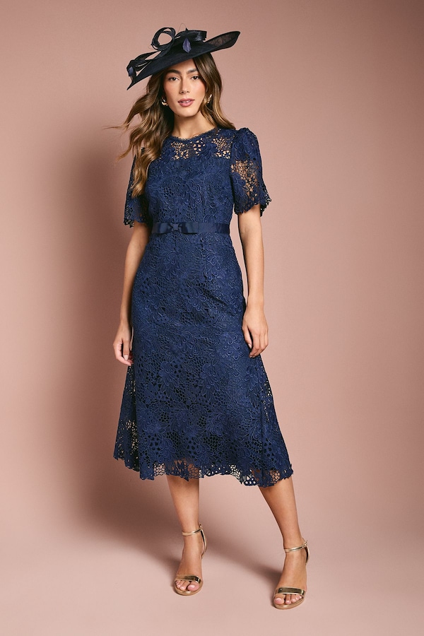 Coast Lace Midi Dress With Bow Belt Navy