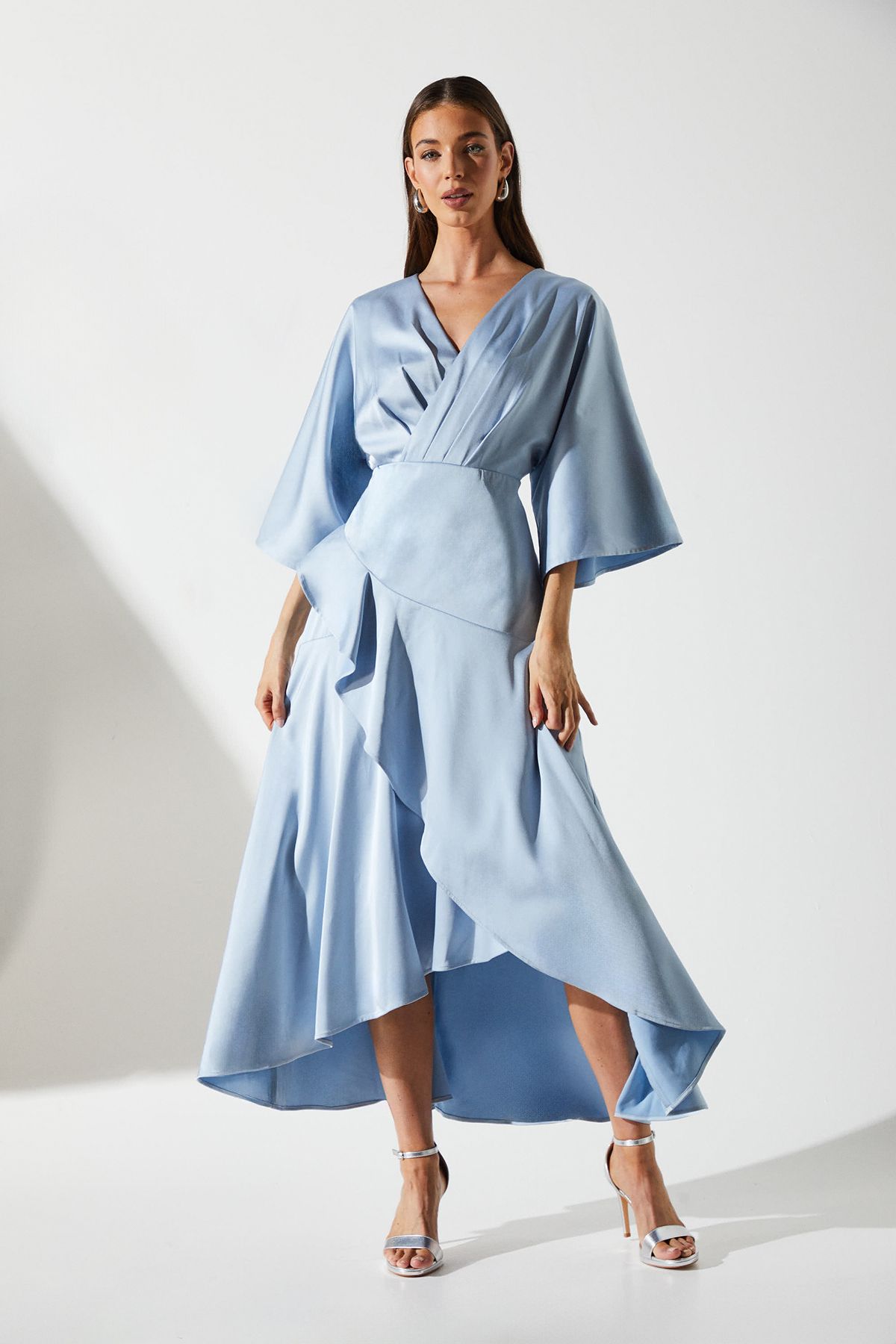 Coast Satin Back Crepe Ruffle Wrap Midi Dress Dusty Blue image 1