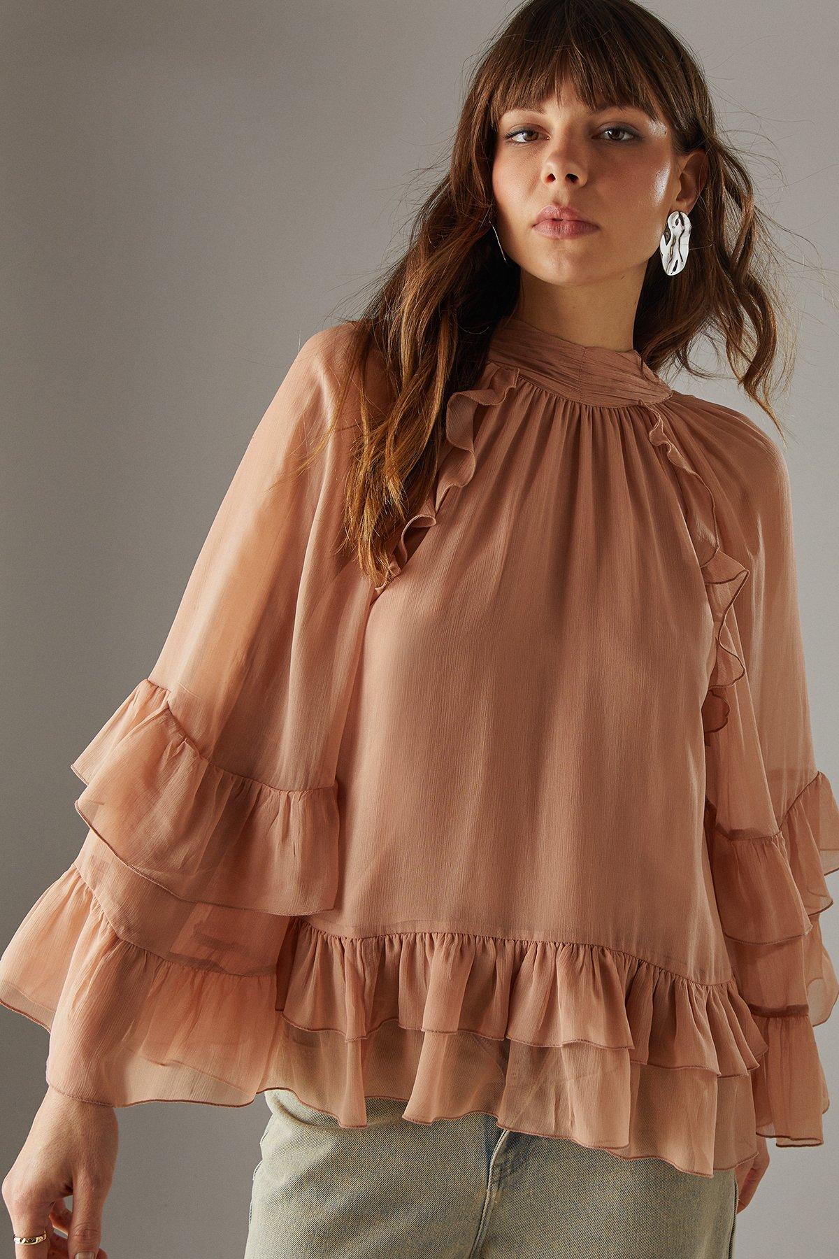 Warehouse Bow Back Ruffle Boho Top With Flared Sleeve Tan image 4