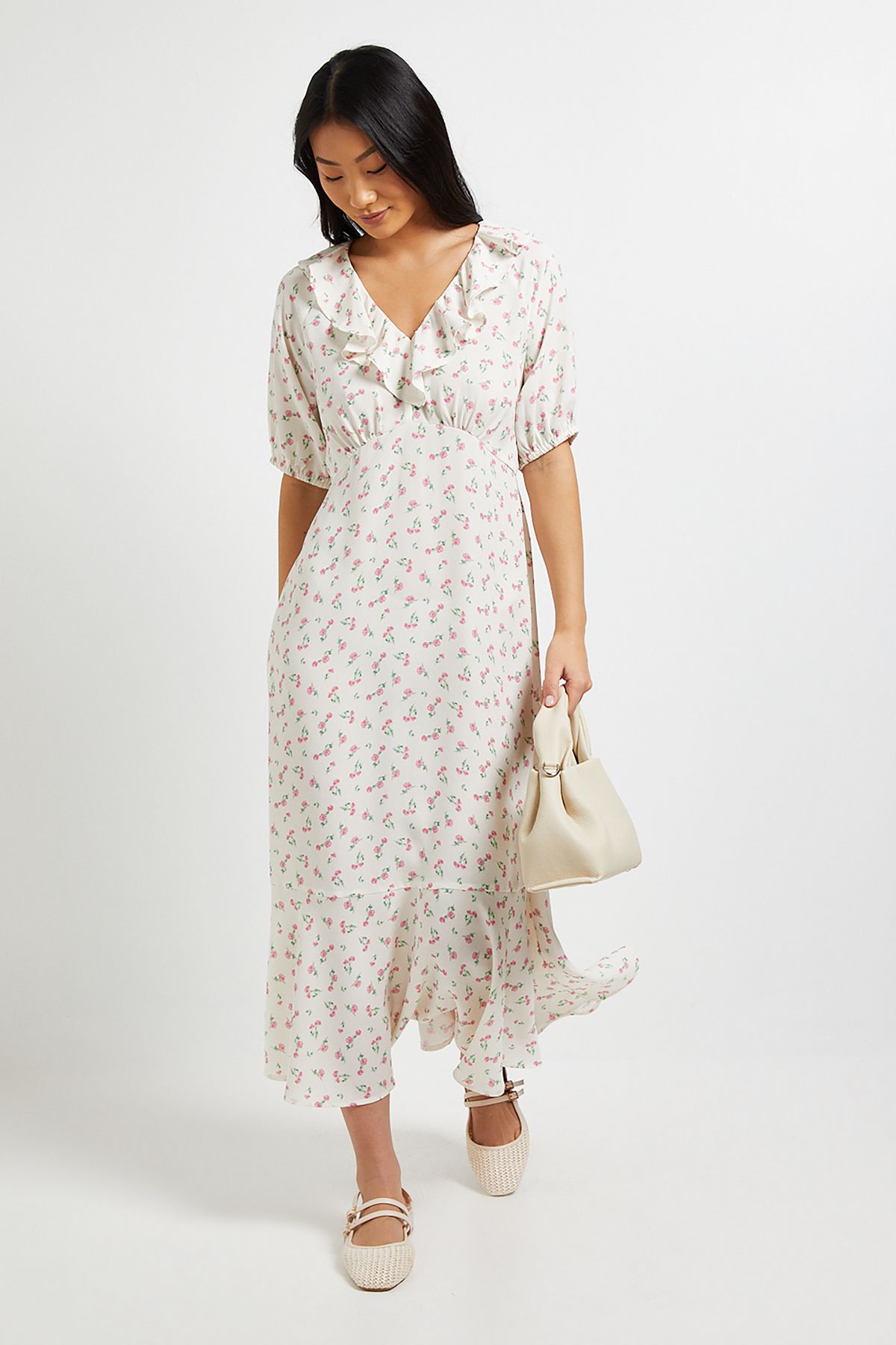 Dorothy Perkins Petite Cream Ditsy Frill Neck Puff Sleeve Maxi Dress Floral