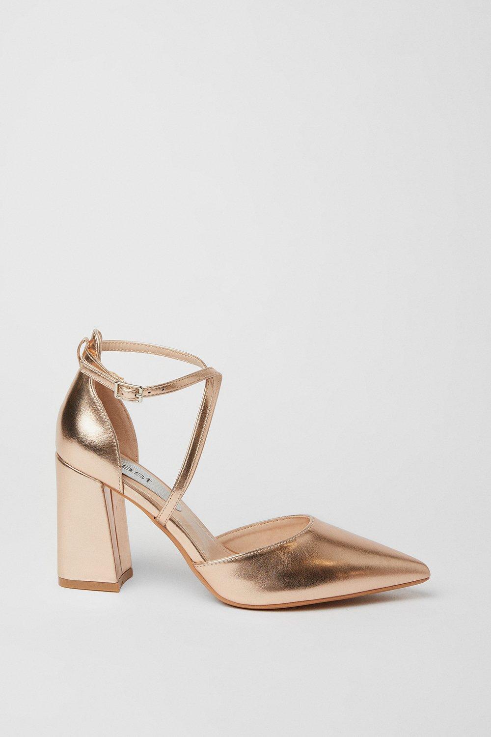 Coast Treat Faux Leather  Cross Strap Pointed Block Heel Court Shoes Rose Gold image 2
