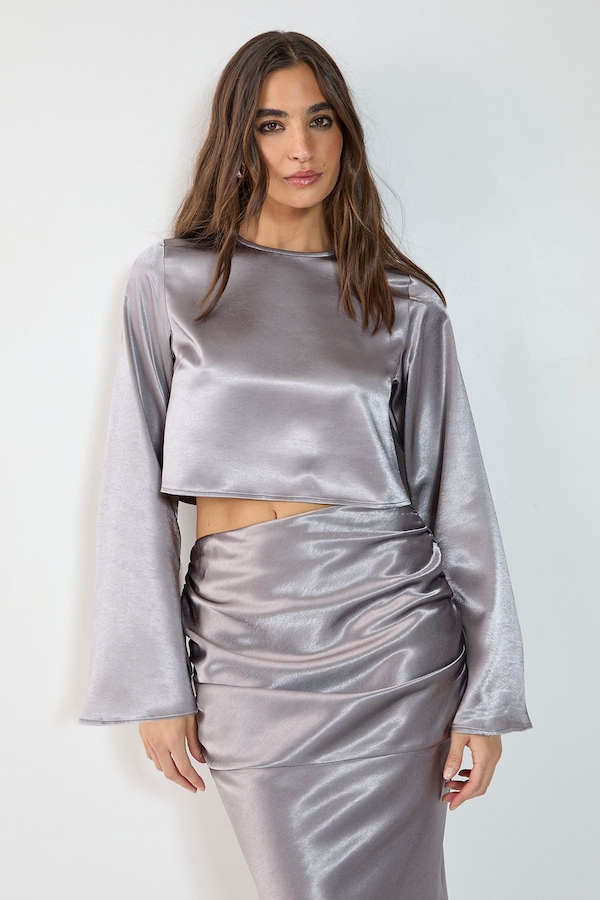 NastyGal Satin Fluted Sleeve Top Silver