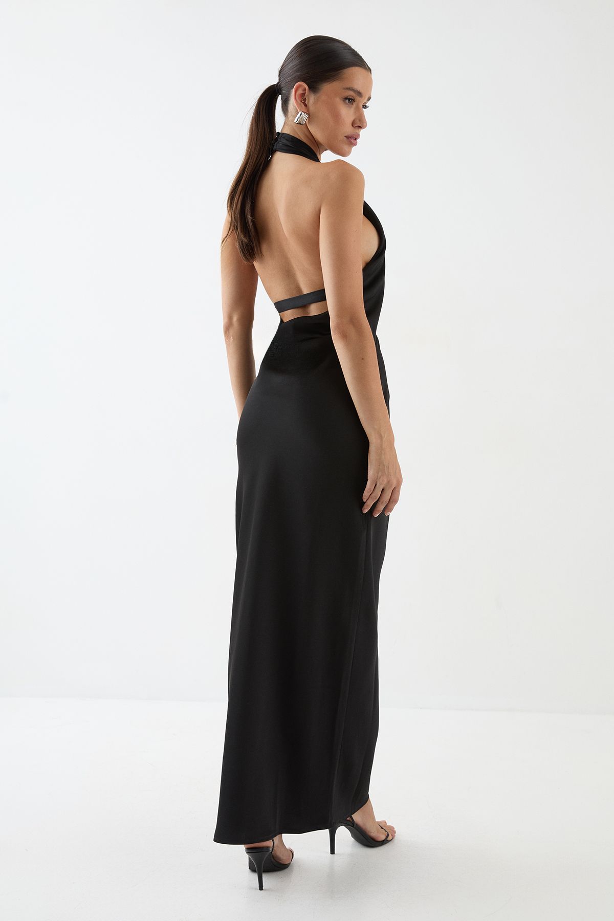 MissPap Premium Satin Halterneck Cowl Back Bridesmaid Dress Black image 3