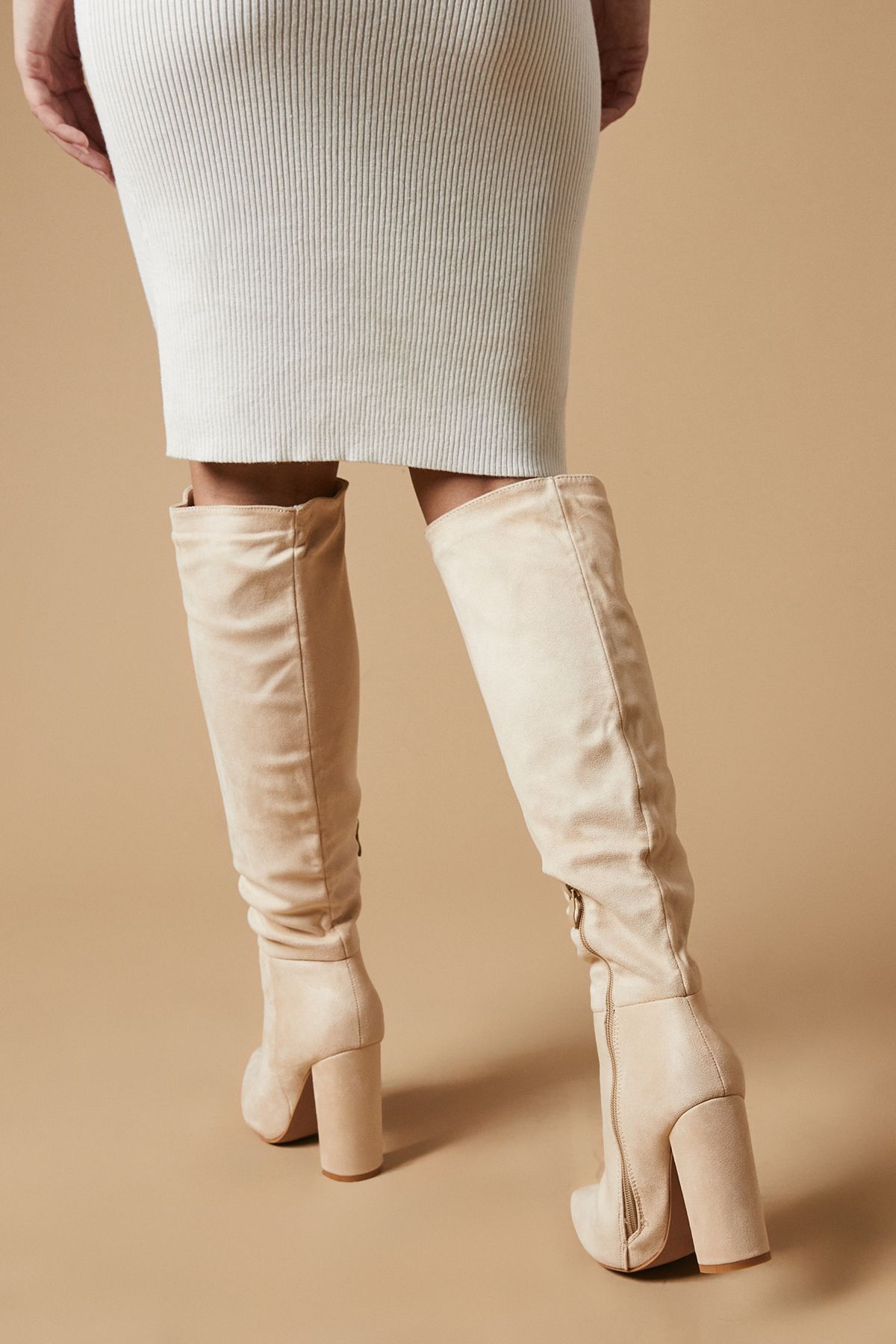 Oasis Kenia Faux Suede High Block Heel Pointed Knee Boot Beige image 3