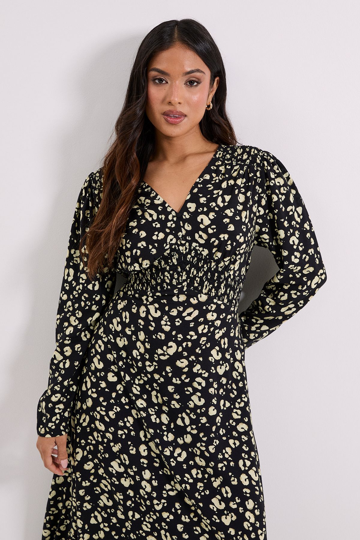 Dorothy Perkins Petite Yellow Animal Shirred Waist Button Detail Midi Dress Yellow image 2