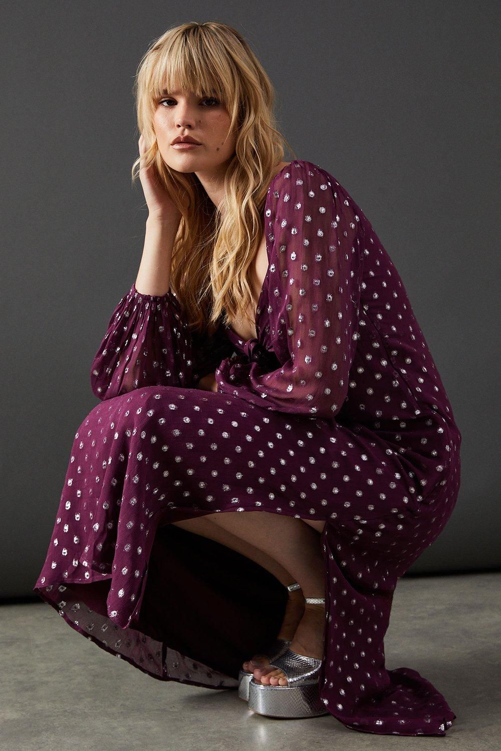 Warehouse Metallic Jacquard Dobby Cross Front Midi Dress Purple image 2