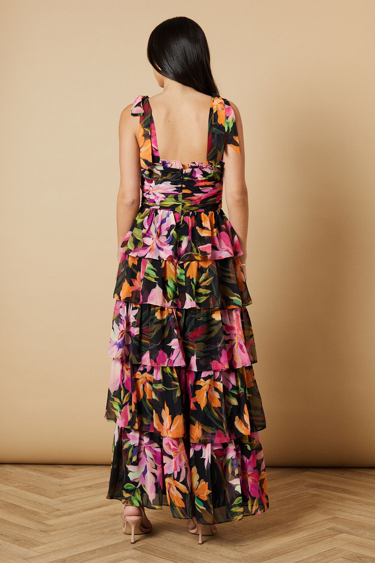 Oasis Ruched Ruffle Tiered Tie Strap Midi Dress Pink image 3