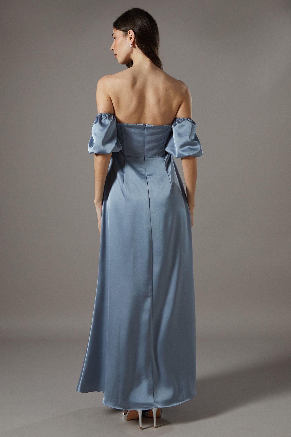 Coast Puff Sleeve Bardot Satin Maxi Bridesmaid Dress Dusty Blue image 3