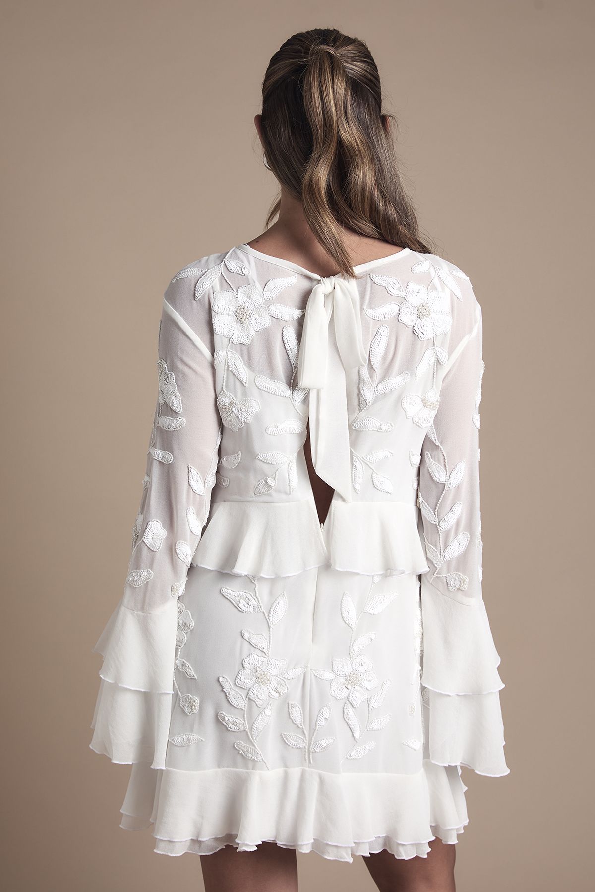 Coast Sequin Long Sleeve Ruffle Mini Wedding Dress Ivory image 4