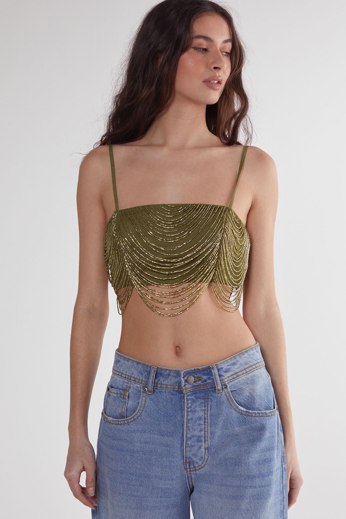 NastyGal Loop Tassel Bralet Olive image 1