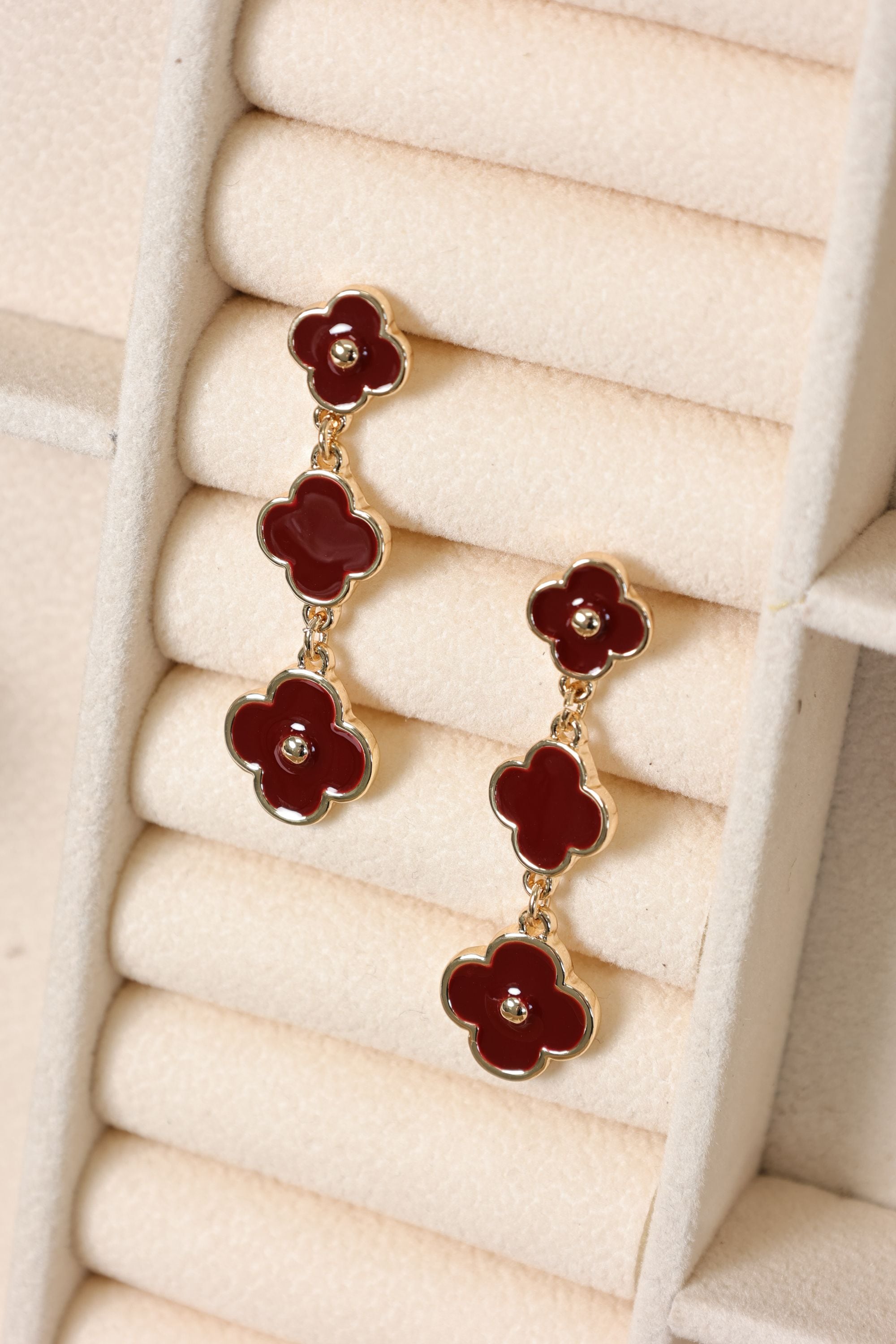 Mood Gold & Burgundy Clover Triple Drop Earrings image 3