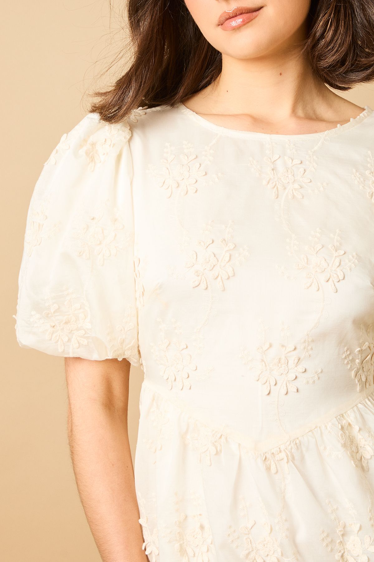 Oasis Floral Embroidered Puff Sleeve Midi Dress Ivory image 5