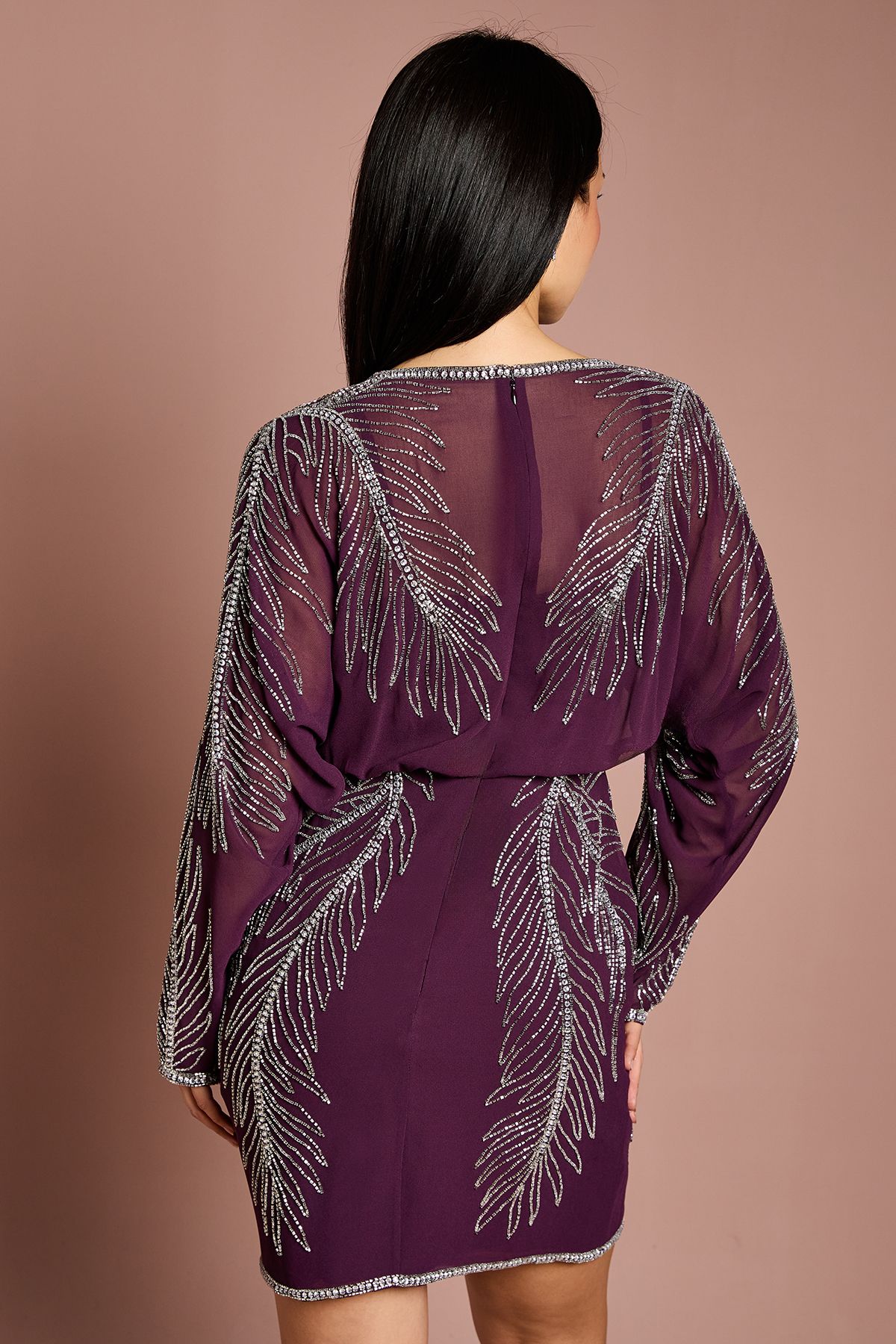 Coast Petite Long Sleeve Placement Feather Embellished Mini Dress Red image 3