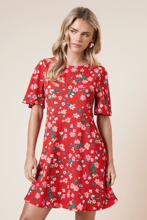 Dorothy Perkins Petite Red Floral Angel Sleeve Mini Dress Pink
