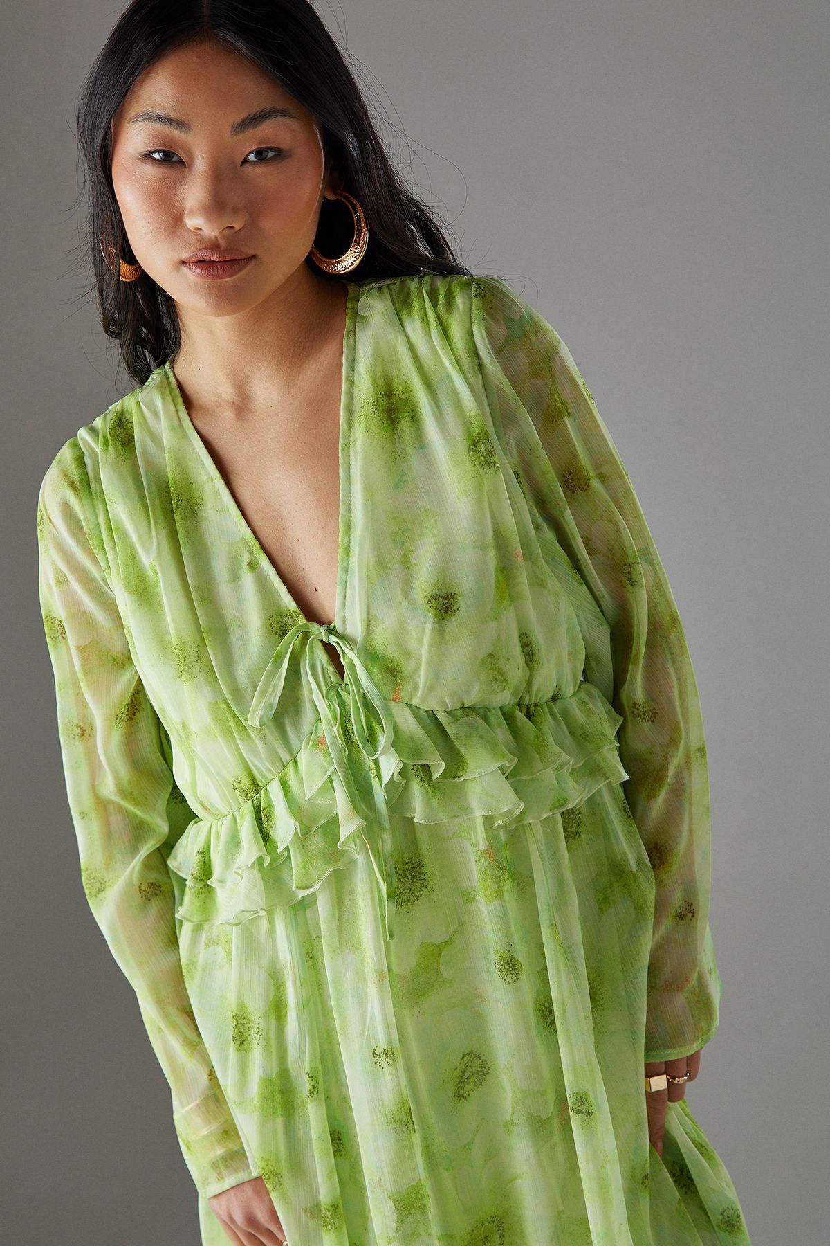 Warehouse Petite Chiffon Plunge Neck Ruffle Midi Smock Dress Yellow image 3