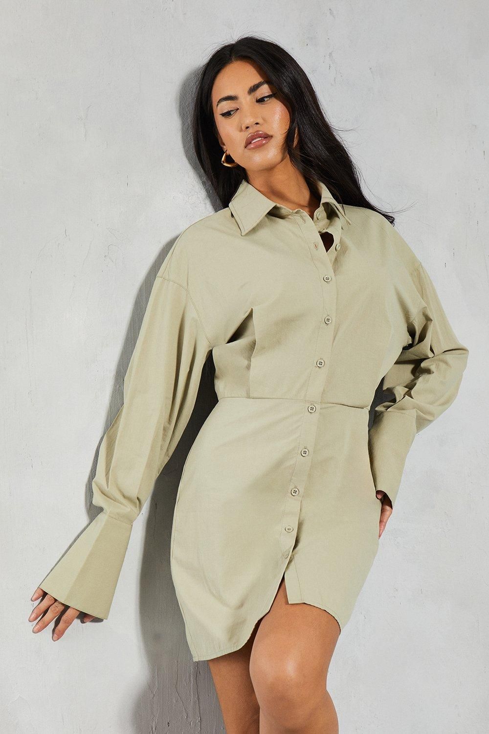 MissPap Poplin Fitted Mini Shirt Dress Light Khaki image 4