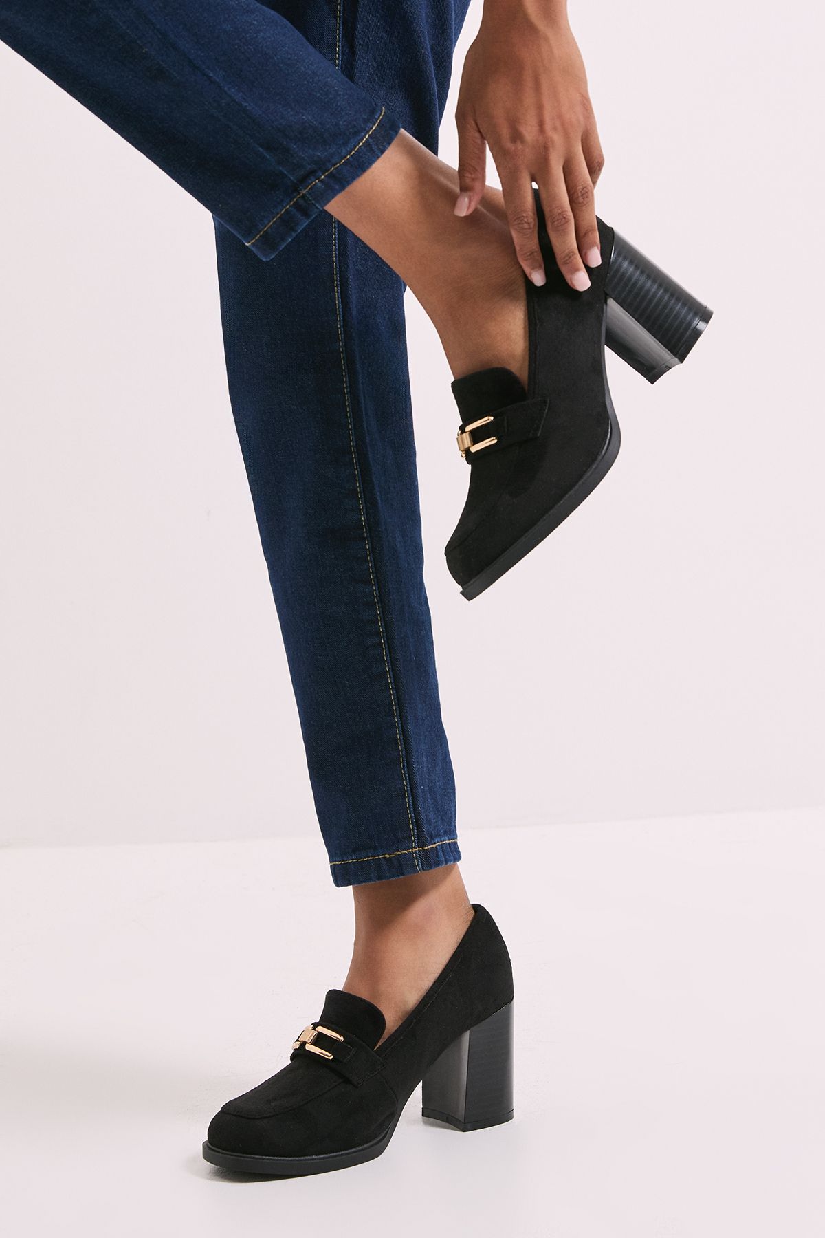 Dorothy Perkins Wide Fit Benita Faux Suede Snaffle Detail High Block Heeled Loafers Natural Black