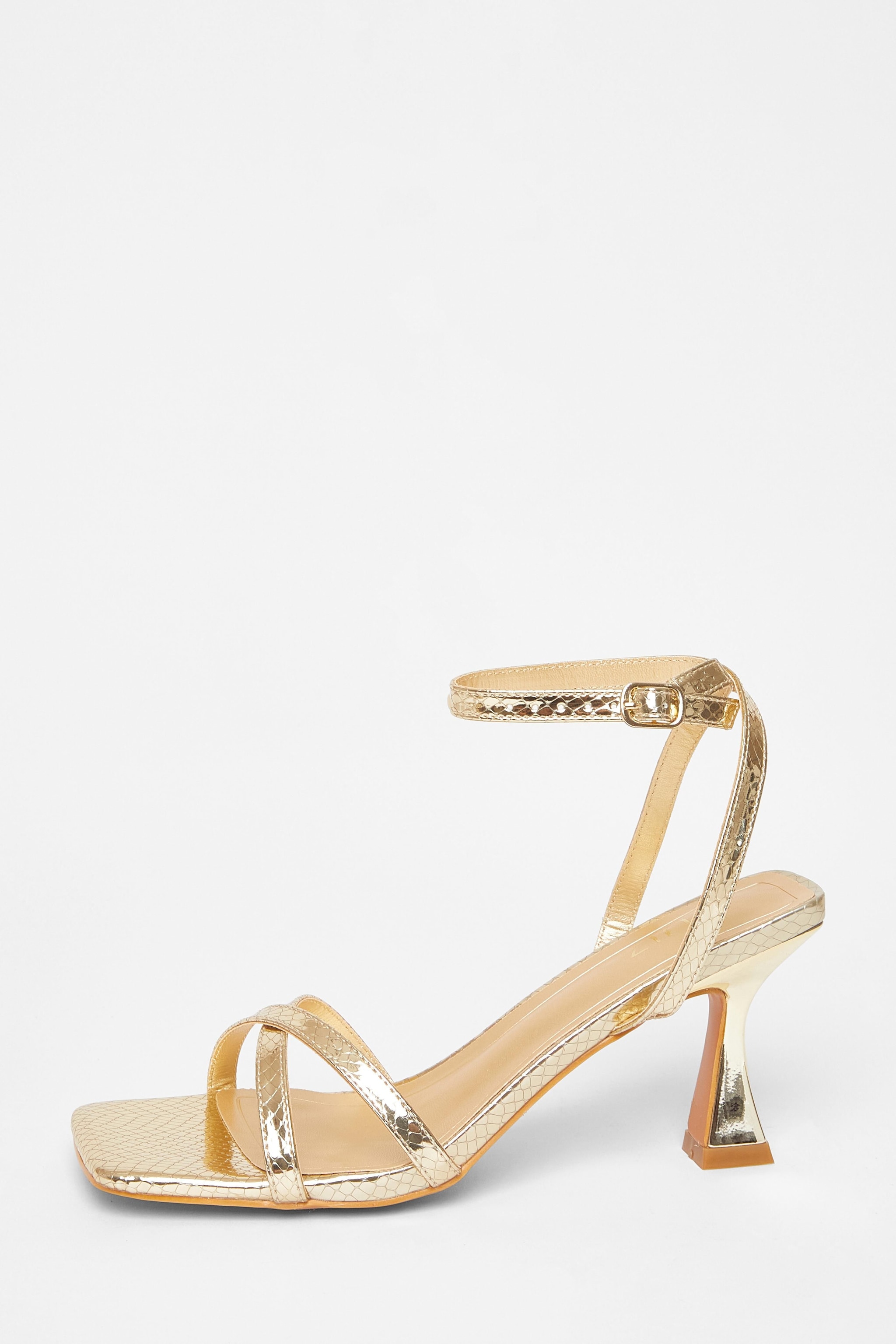 Quiz Gold Cross Strap Flared Heels image 3