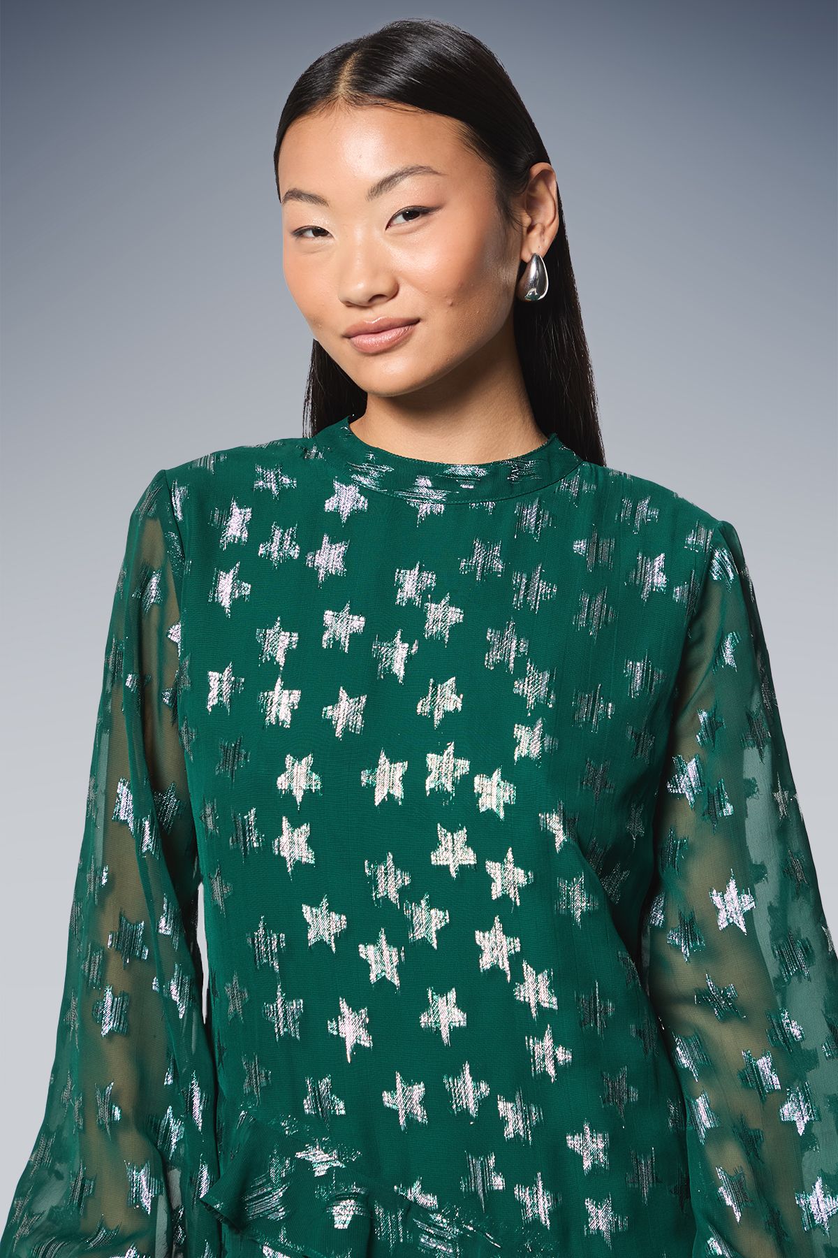 Dorothy Perkins Petite DP Luxe Star Jacquard Ruffle Shift Mini Dress Green image 4