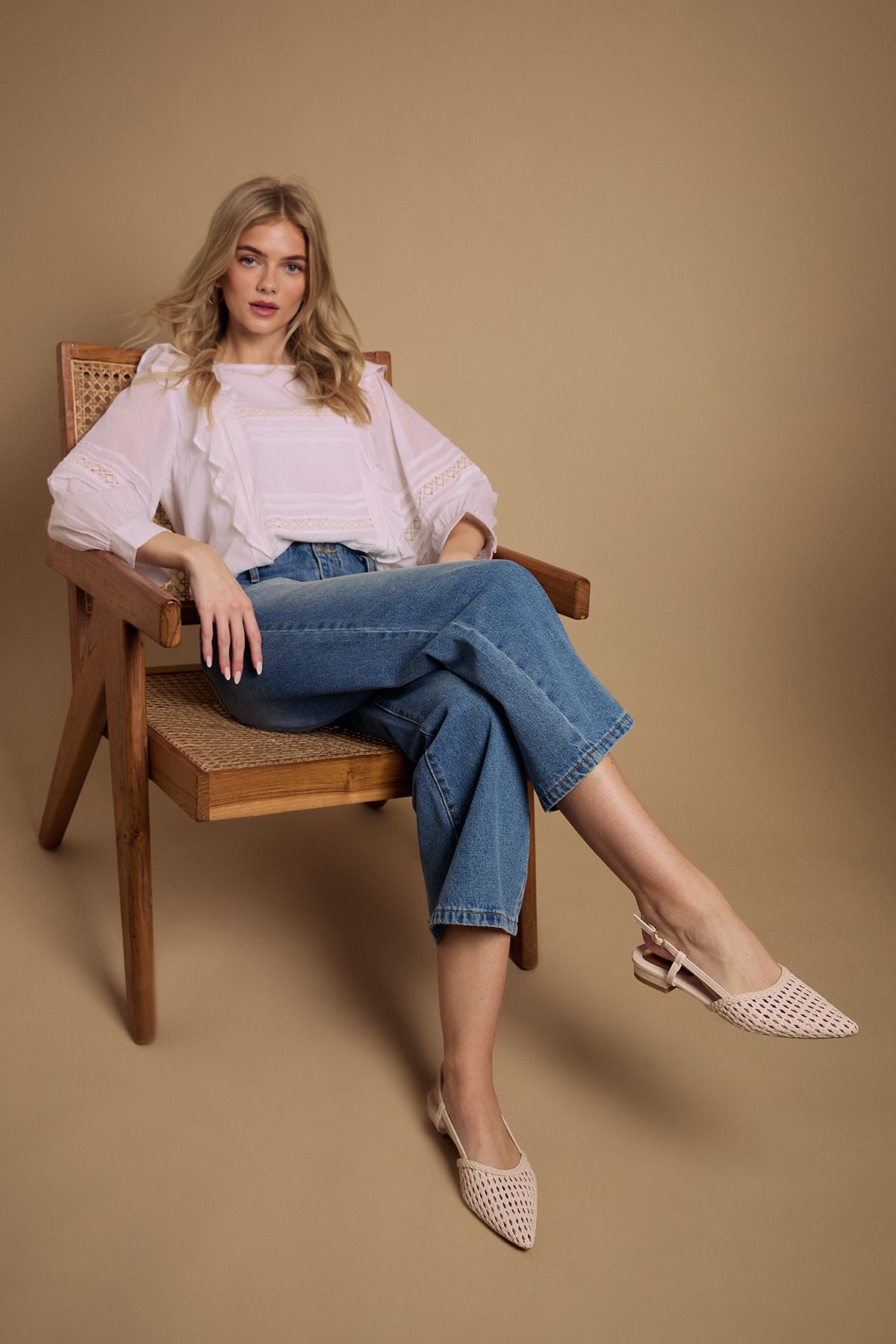 Oasis Brandie Faux Leather Woven Slingback Pointed Flat Shoes Beige image 2