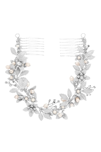 Jon Richard Silver Plated Clara Brushed Leaves Fresh Water Pearl And Crystal Double Comb - Gift Pouch
