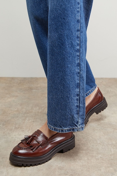 Oasis Brooker Real Leather Tassel Chunky Loafers Dark Tan