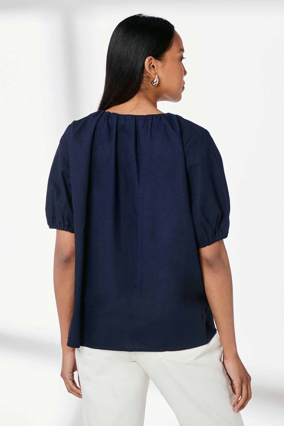 Principles Puff Sleeve Button Front Linen Shirt Navy image 3
