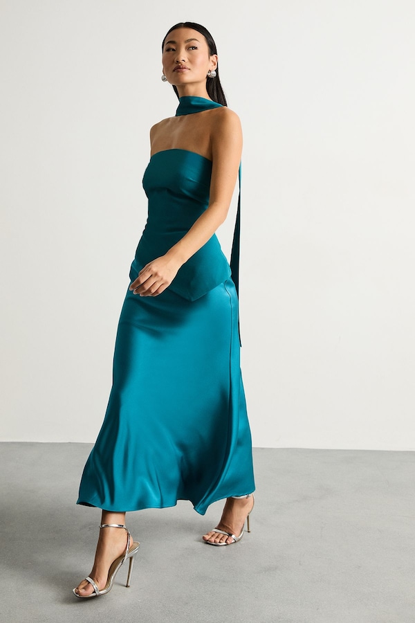 Warehouse Petite Strapless Structured Bodice Satin Midi Dress Teal