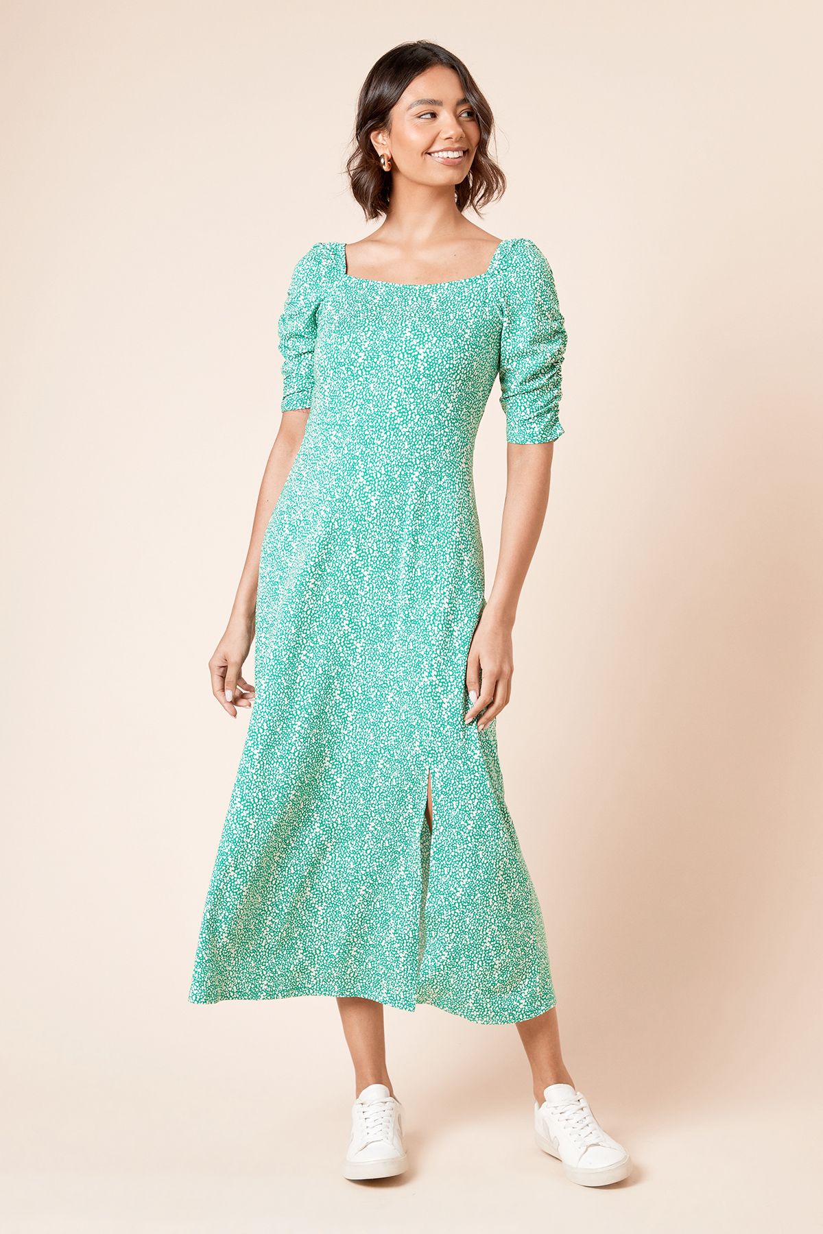 Dorothy Perkins Square Neck Green Spot Short Sleeve Midi Dress Green image 1