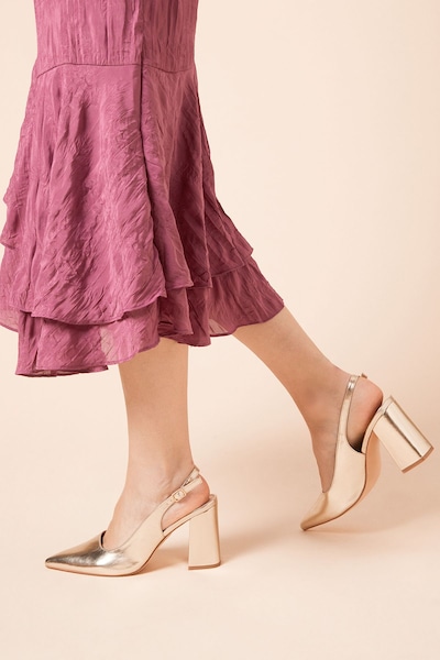 Dorothy Perkins Ellens Pointed High Block Heel Slingback Court Shoes Gold