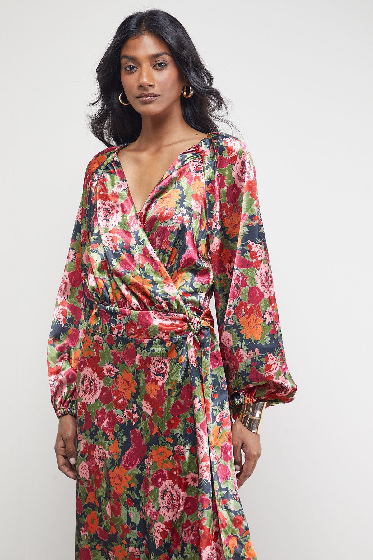 Warehouse Satin Tie Waist Wrap Ruffle Tier Maxi Dress Floral image 2