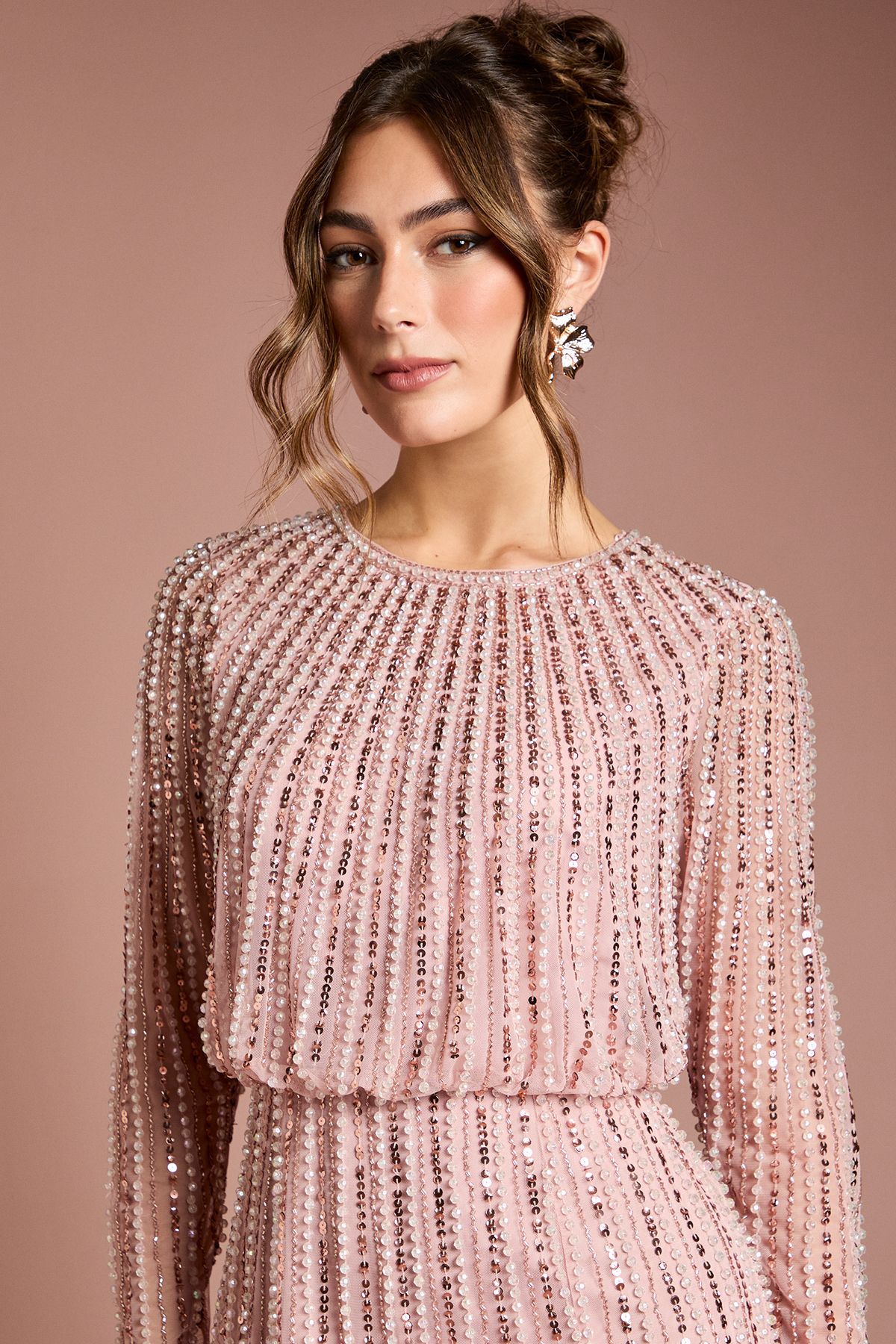 Coast Linear Sequin Embellished Long Sleeve Maxi Dress Blush image 4