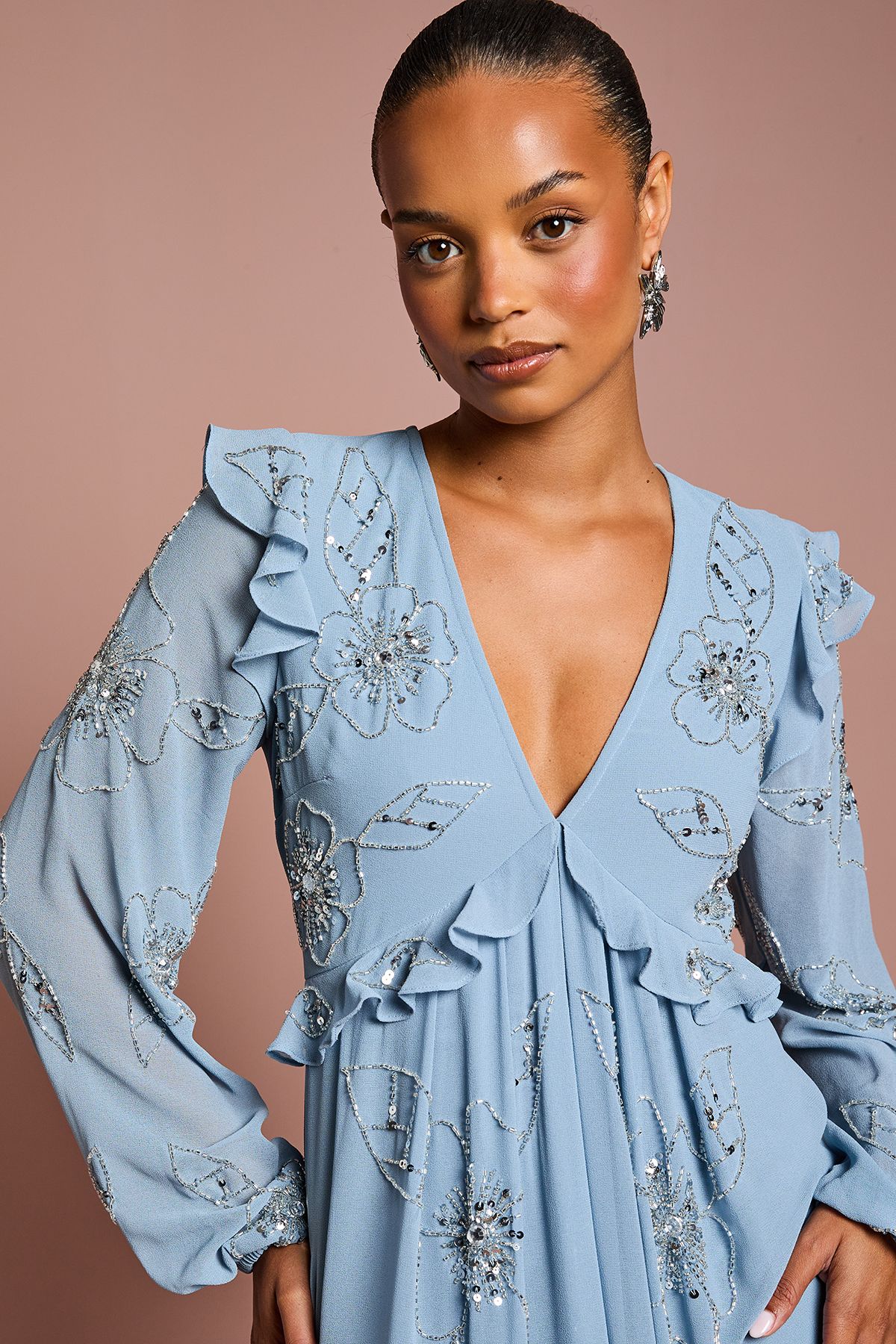 Coast Petite V Neck Long Sleeve Embellished Flower Tiered Georgette Midi Dress Dusty Blue image 5