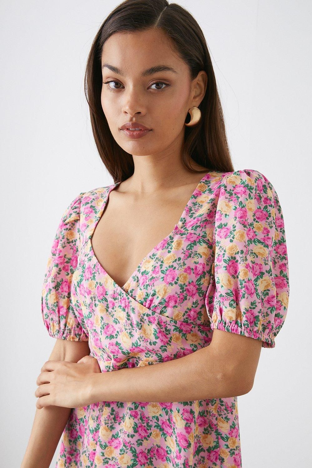 Dorothy Perkins Petite Pink Rose Print Wrap Ruffle Hem Mini Dress Pink image 2