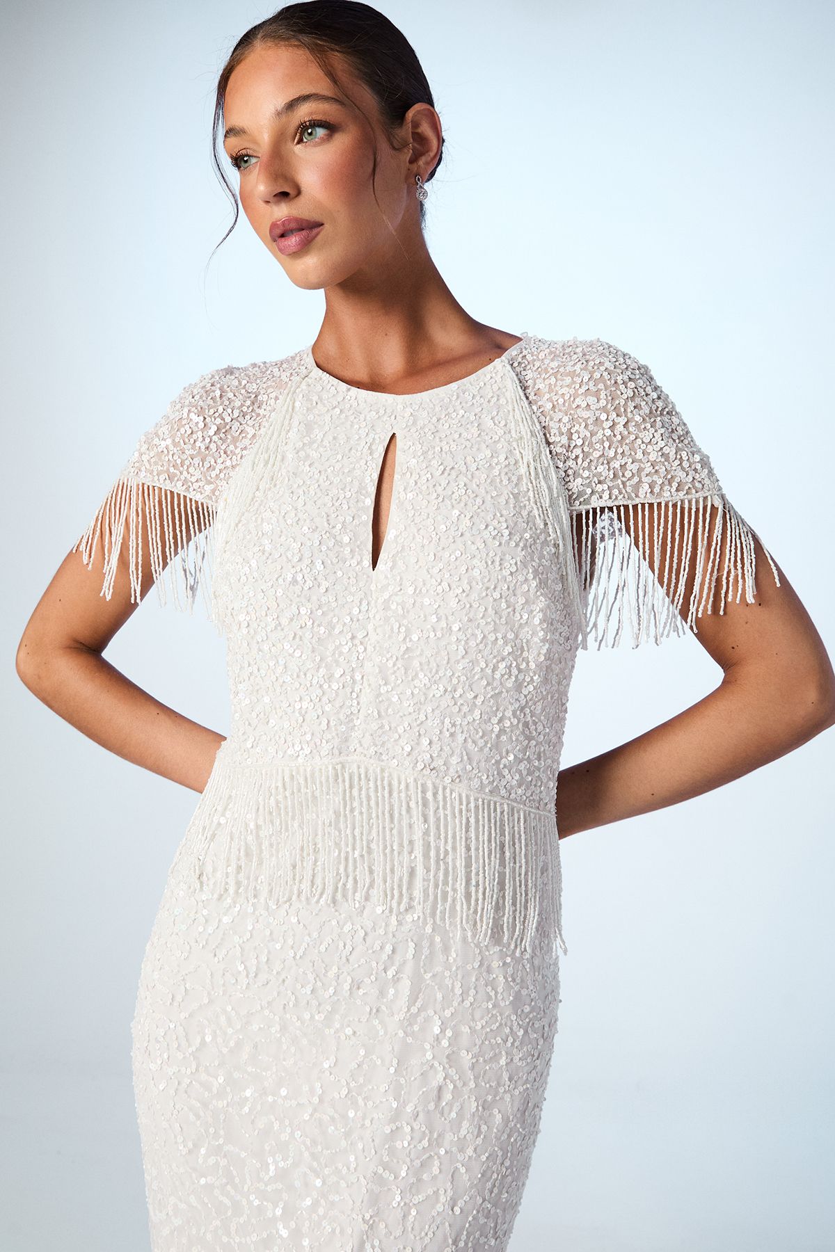 Coast Fringe Embellished Cape Wedding Dress Ivory image 4