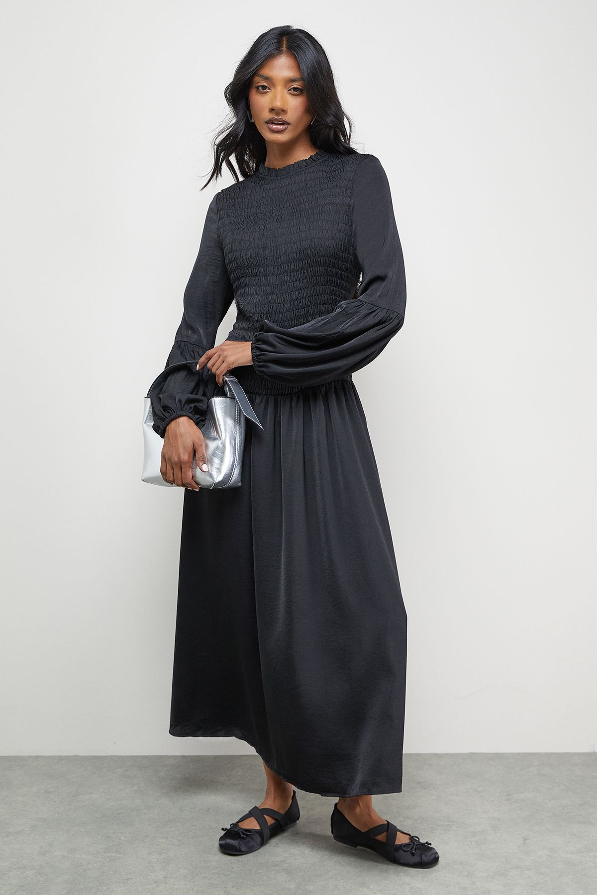 Warehouse Satin Shirred Bodice Balloon Sleeve Midi Dress Black