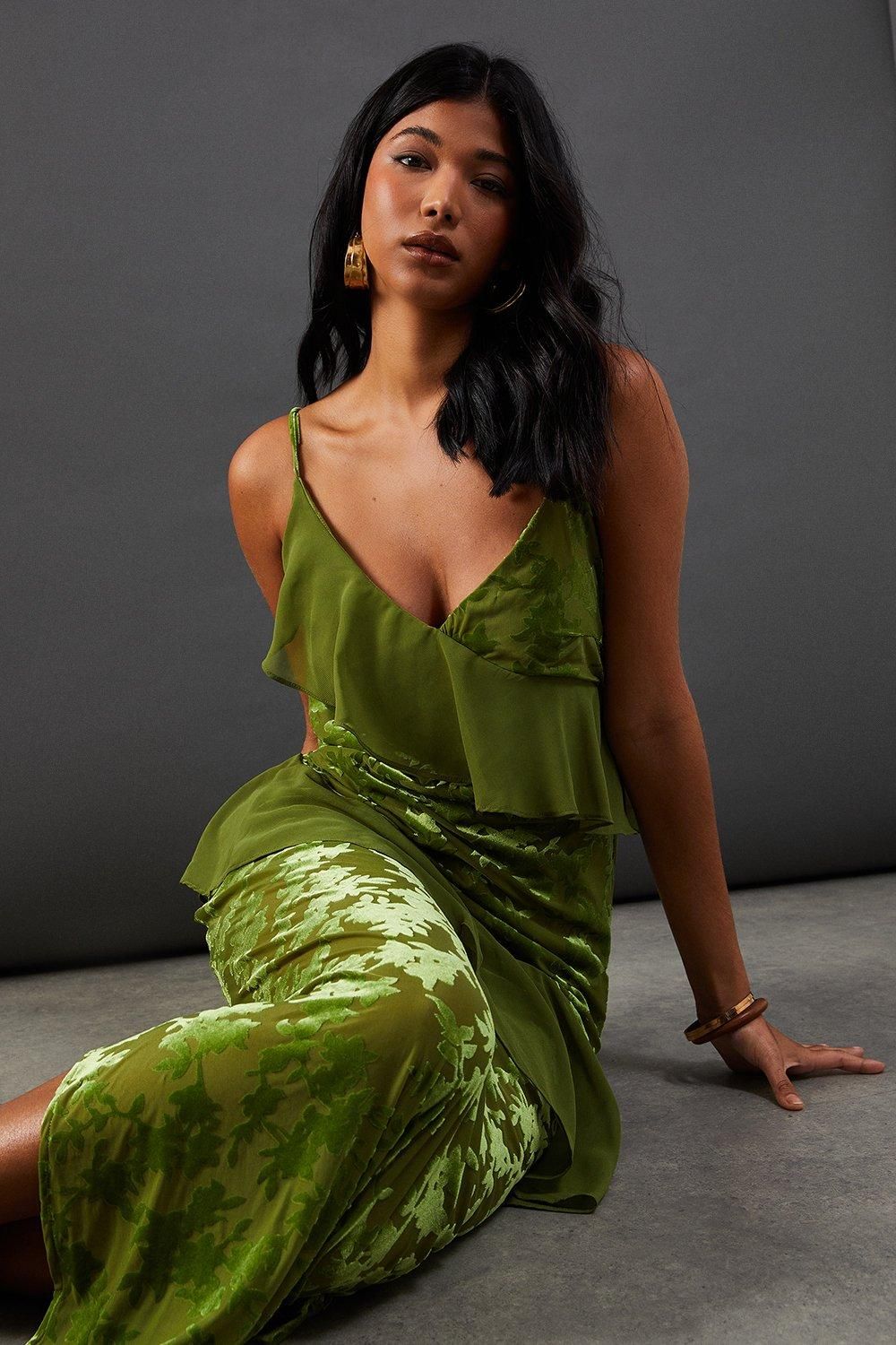 Warehouse Premium Velvet Chiffon Mix Frill Strappy Midaxi Dress Green image 1