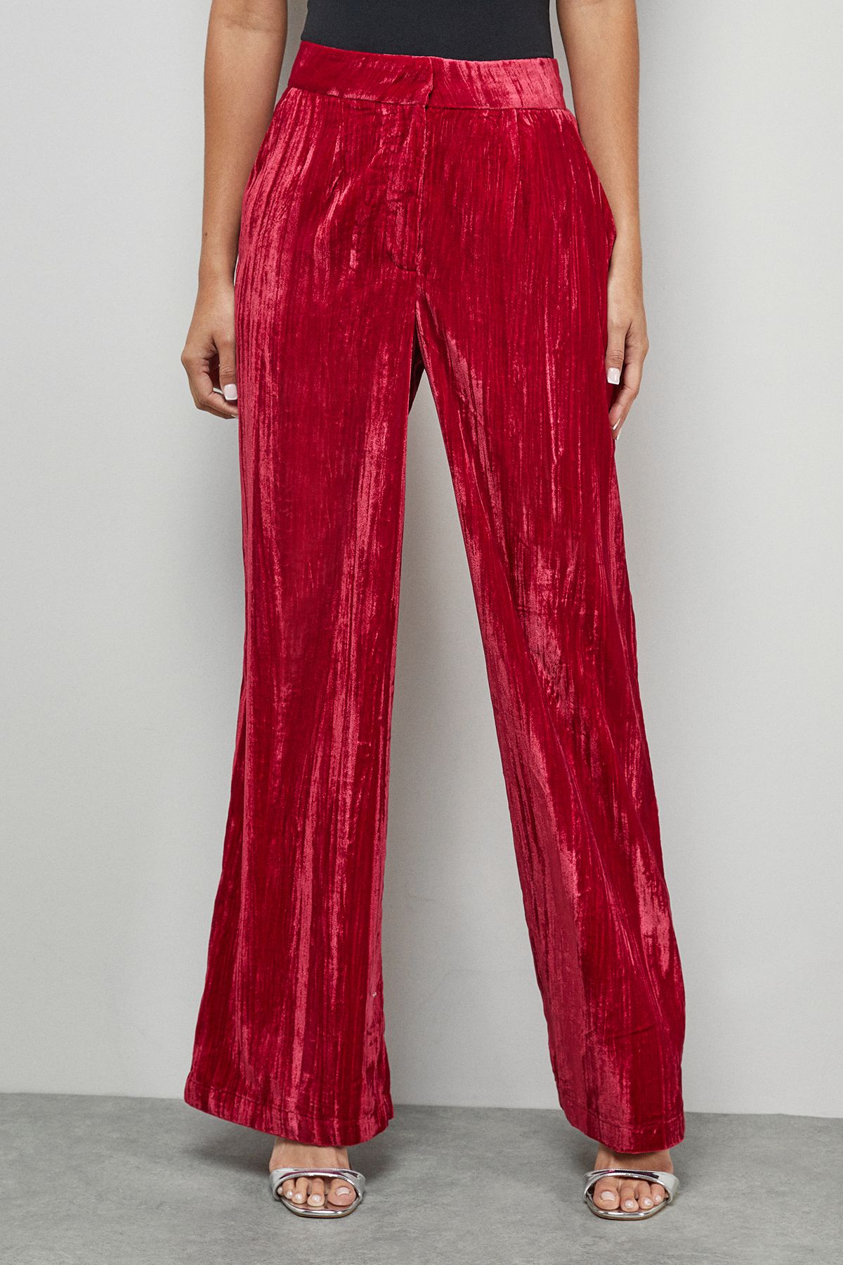 Warehouse Crushed Velvet Wide Leg Trouser Co-ord Hot Pink image 1