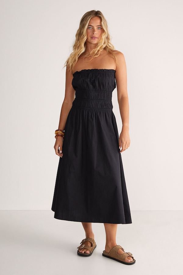 NastyGal Cotton Poplin Bandeau Ruched Midi Dress Black