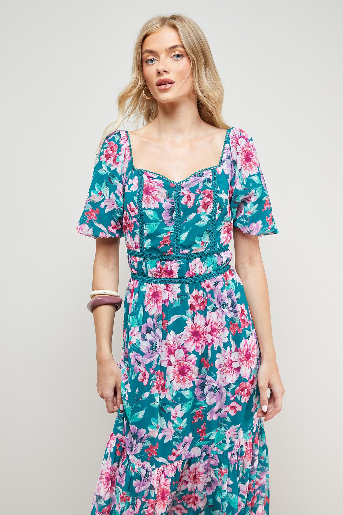 Oasis Lace Trim Puff Sleeve Midaxi Dress Green image 2